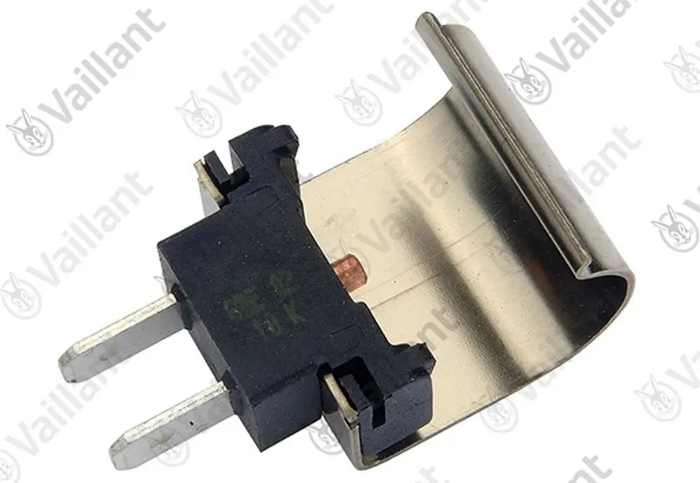 Vaillant NTCSensor mit zwei Anschlussstiften und metallischer Halterung, geeignet für Temperaturmessungen in Heizsystemen.